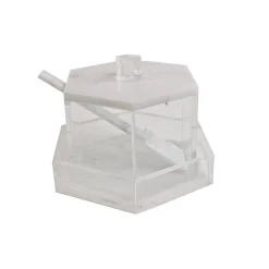 Lucite Hexagon Honey Dish With Base and Spoon
