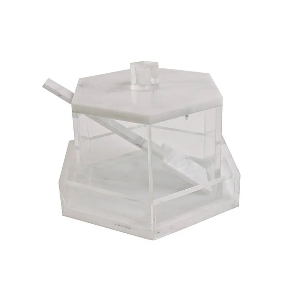 Lucite Hexagon Honey Dish With Base and Spoon