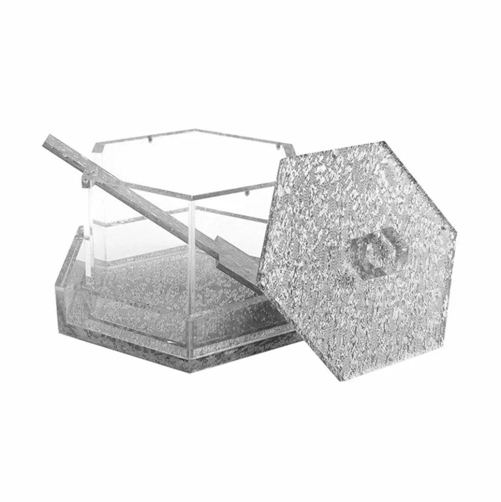 Lucite Hexagon Honey Dish With Base and Spoon