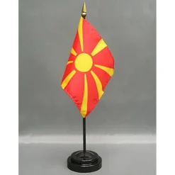 Macedonia Desk Flag with Base; American Made Rayon 4x6 inch Miniature Table Set Includes One Small Mini Country Stick Flags and One Black Stand