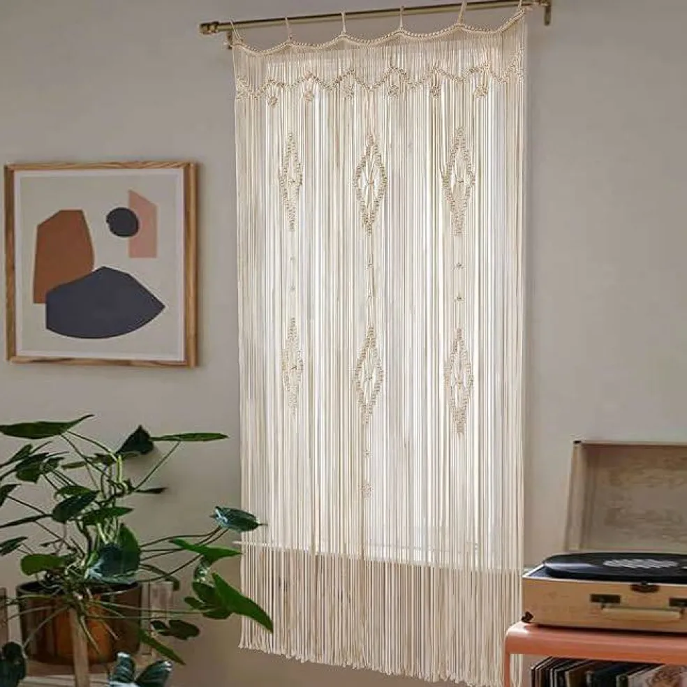 Macrame Curtain Long Cotton Window Panel Boho Curtains for Bedroom Wedding Backdrop Room Divider Doorway Closet Apartment 35''W x 70''L