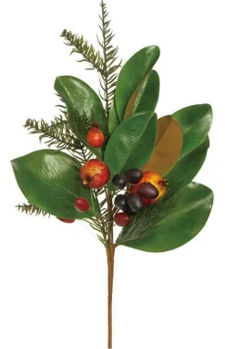Magnolia Leaf Pomegranate Pine Spray | Woodlands Christmas Foliage Stem | 20" Spray-PM3582