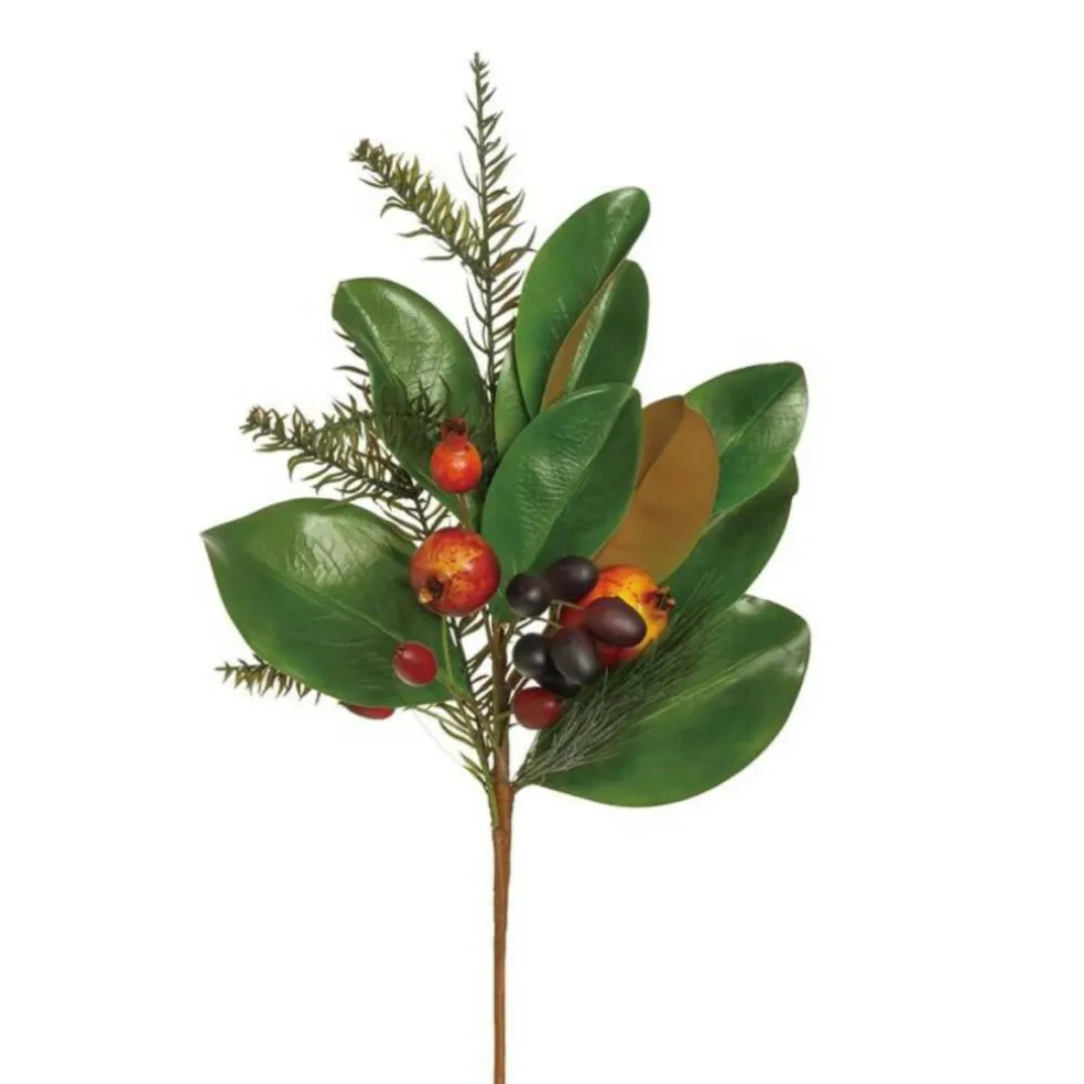 Magnolia Leaf Pomegranate Pine Spray | Woodlands Christmas Foliage Stem | 20" Spray-PM3582