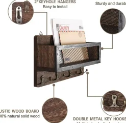 Mail and Key Holder for Wall Decorative, Wooden Wall Mount Key Rack Hanger Organizer with 4 Double Key Hooks, Rustic Home Decor for Entryway Hallway, Brown