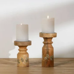 Mango Wood Pillar Candle Holder Set of 2 – Hand-Painted Farmhouse Candle Stand