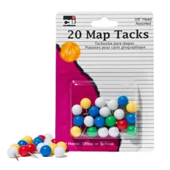 Map Tacks, 3/8 Inch Head, Assorted Colors, 20 Per Pack, 12 Packs