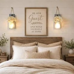 Mason Jar Wall Sconces Set of 2 with LED String Lights & Remote Timer, Grey Farmhouse Wooden Wall Decor with Artificial Flowers, Rustic Vintage Hanging Wall Art for Living Room, Bedroom & Entryway