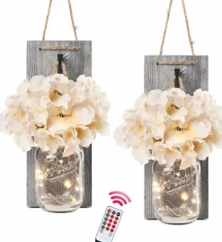 Mason Jar Wall Sconces Set of 2 with LED String Lights & Remote Timer, Grey Farmhouse Wooden Wall Decor with Artificial Flowers, Rustic Vintage Hanging Wall Art for Living Room, Bedroom & Entryway