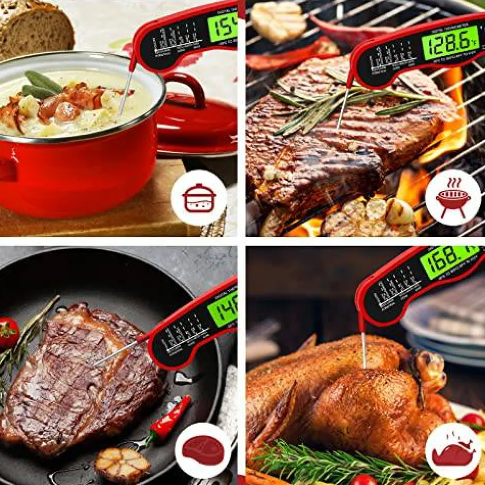 Meat Thermometer Digital - Fast Instant Read Food Thermometer for Cooking, Candy Making, Outside Grill, Waterproof Kitchen Thermometer with Backlight & Hold Function - Red