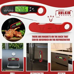 Meat Thermometer Digital - Fast Instant Read Food Thermometer for Cooking, Candy Making, Outside Grill, Waterproof Kitchen Thermometer with Backlight & Hold Function - Red