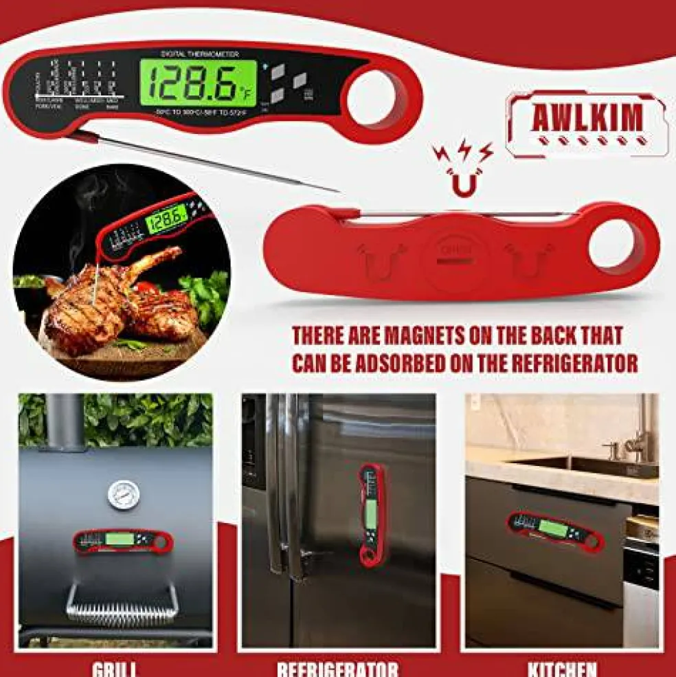 Meat Thermometer Digital - Fast Instant Read Food Thermometer for Cooking, Candy Making, Outside Grill, Waterproof Kitchen Thermometer with Backlight & Hold Function - Red