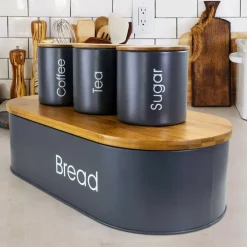 MegaChef Bamboo Kitchen Countertop Gray 4-Piece Metal Bread Basket & Canister Set