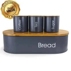 MegaChef Bamboo Kitchen Countertop Gray 4-Piece Metal Bread Basket & Canister Set