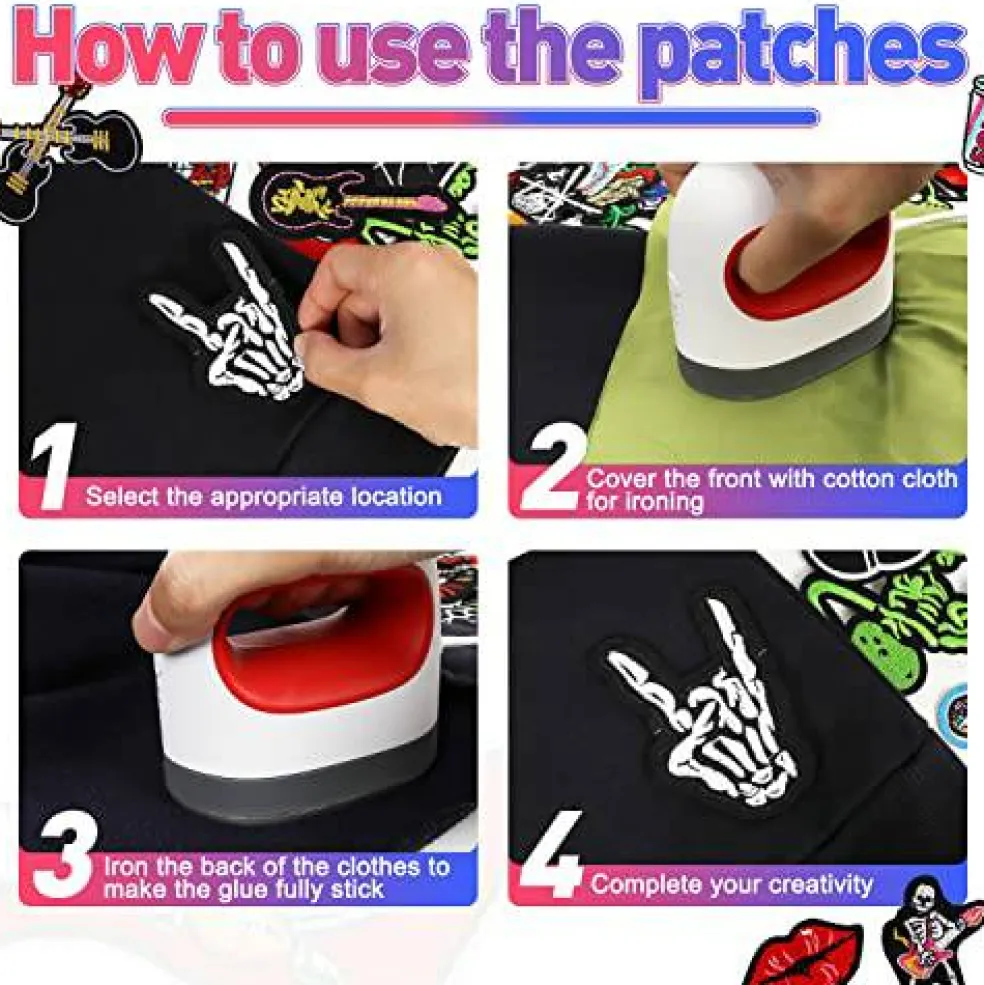 Meneng Embroidered Patches Iron-on Appliques: 30pcs Assorted Cool Punk Embroidery Sew-on Patch for Jackets Clothing
