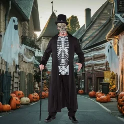 Mens Skull Master Halloween Costume Skeleton Print Black Coat Pants