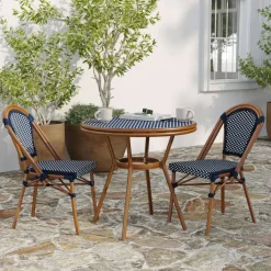 Merrick Lane Celia Bistro Style Table with Tempered Glass Top, PE Rattan, and Bamboo Finished Metal Frame for Indoor/Outdoor Use