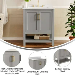 Merrick Lane Vigo Bathroom Vanity with Ceramic Sink, Carrara Marble Finish Countertop, Storage Cabinet with Soft Close Doors and Open Shelf