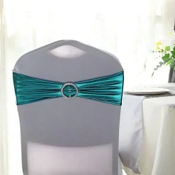 Metallic Spandex Chair Sashes Silver Round Buckles