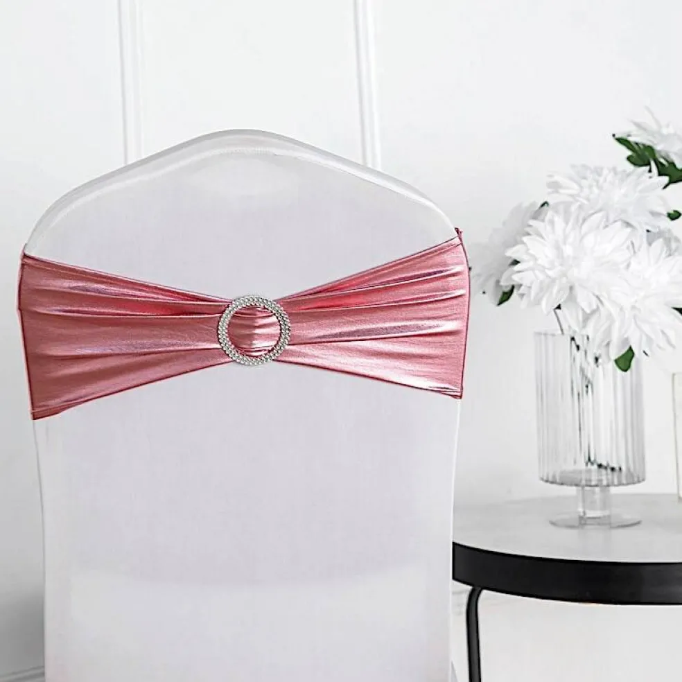 Metallic Spandex Chair Sashes Silver Round Buckles