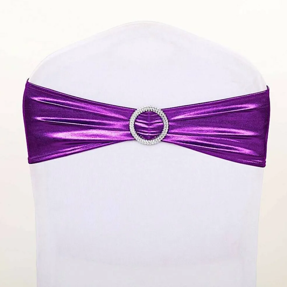 Metallic Spandex Chair Sashes Silver Round Buckles