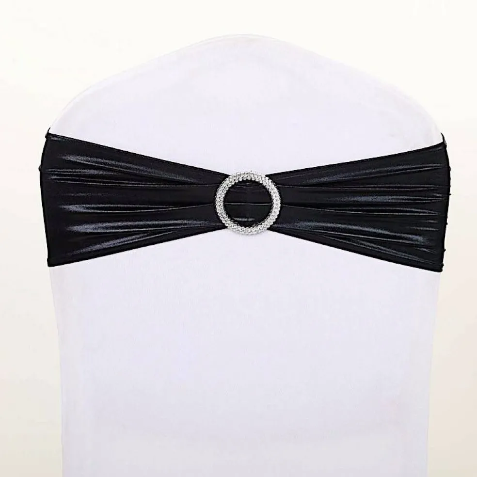 Metallic Spandex Chair Sashes Silver Round Buckles