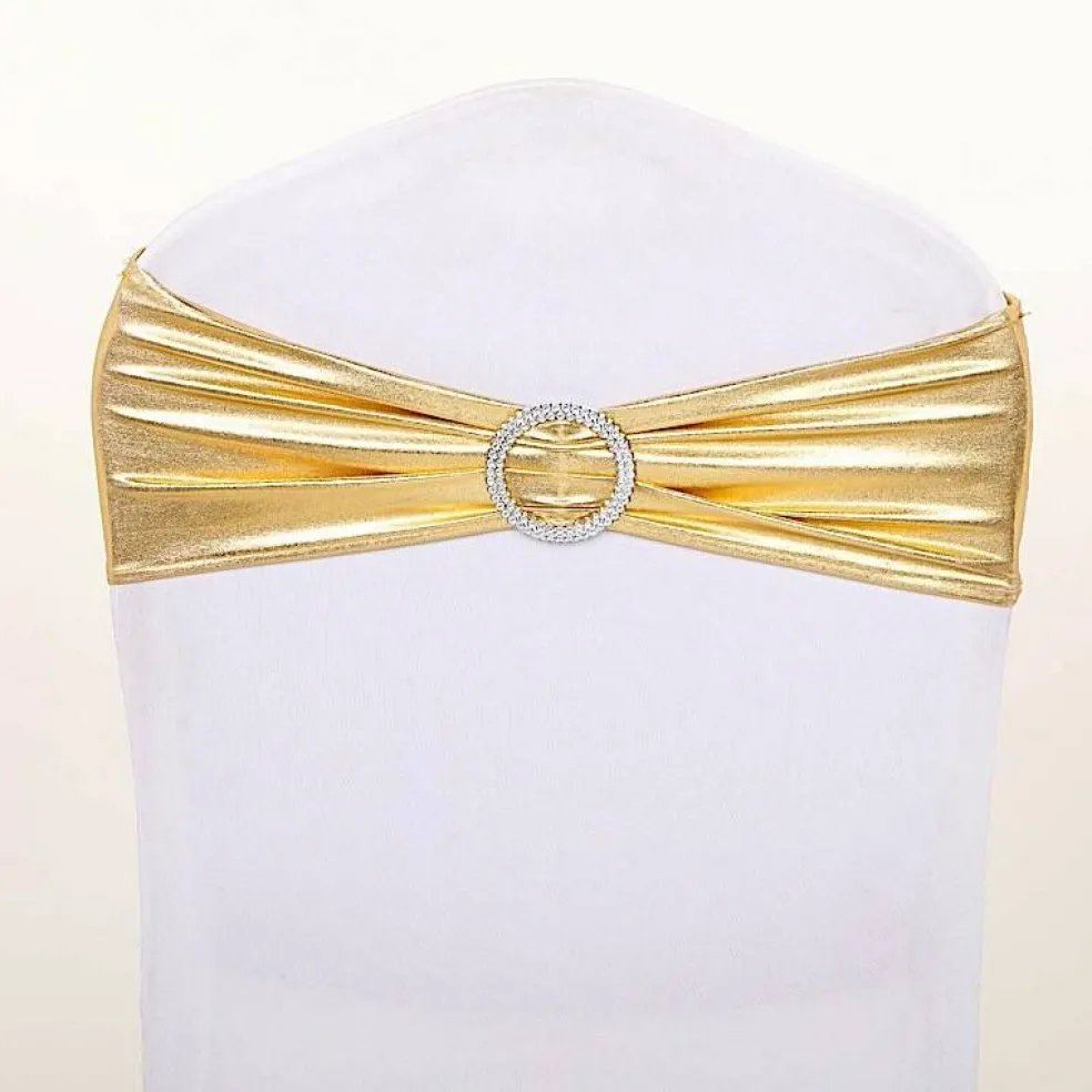Metallic Spandex Chair Sashes Silver Round Buckles