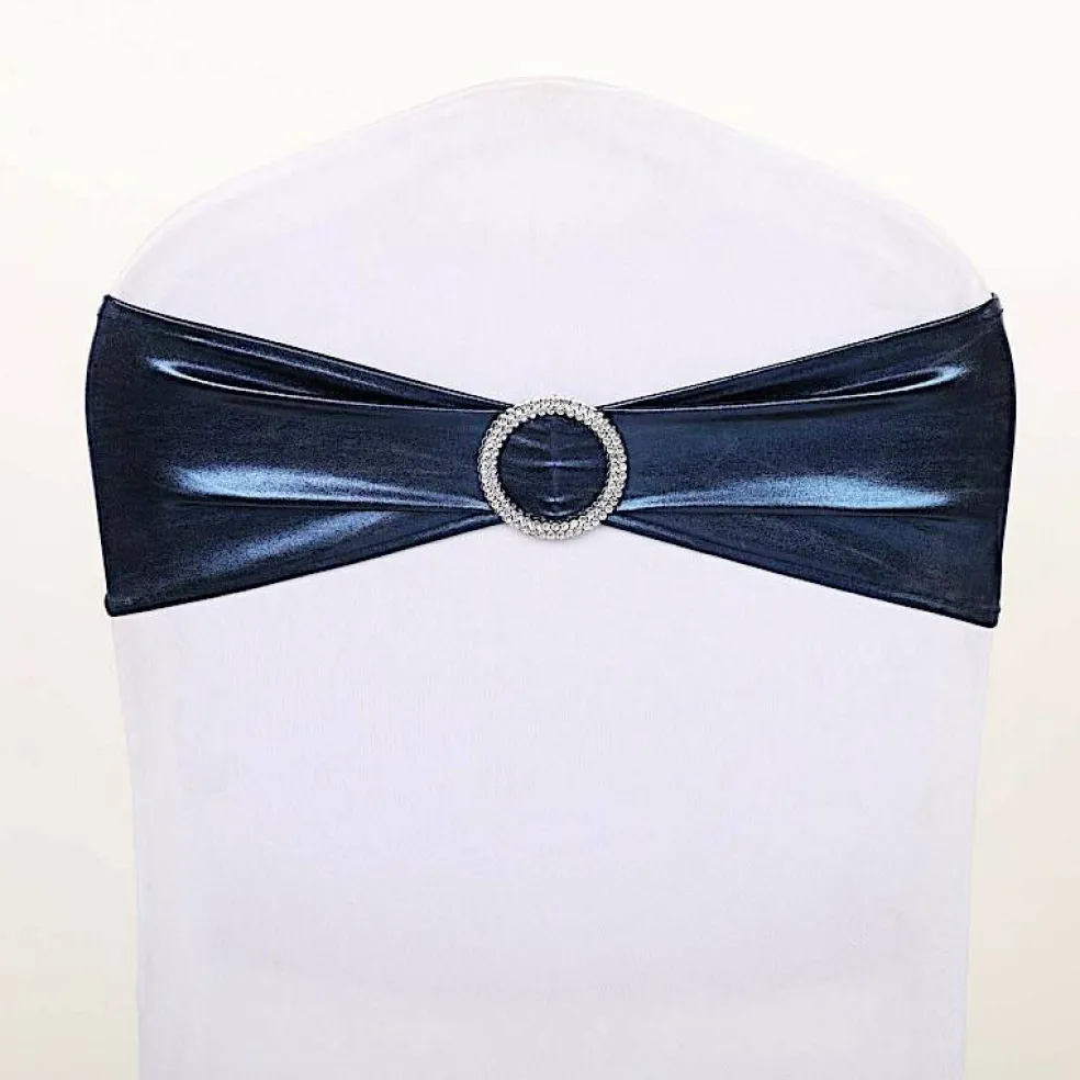 Metallic Spandex Chair Sashes Silver Round Buckles