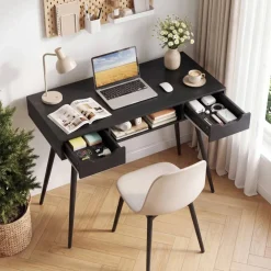 Mid Century Style Writing Desk with Drawers, Small Office Desk with Storage, Study Workstation for Bedroom, Living Room, Home Office