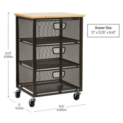 Mind Reader Black 3-Tier Metal Rolling File Cart with Drawers