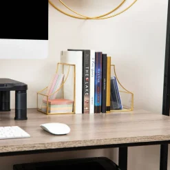 Mind Reader Decorative Bookends, Contemporary, Books, Magazines, Office Decor, Office, Metal, Set of 2, Gold