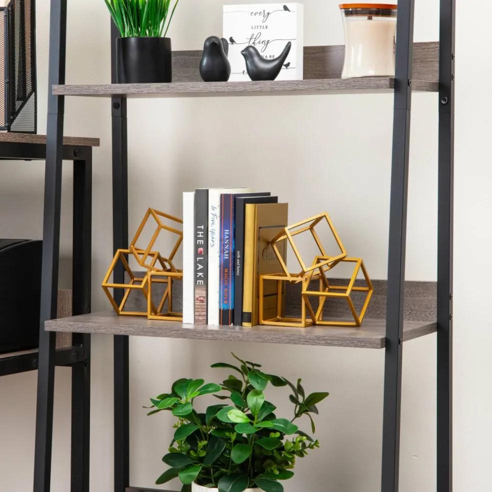 Mind Reader Decorative Geometric Cube Bookends, Modern Book Holders, Office Decor, Metal, Set of 2, Gold