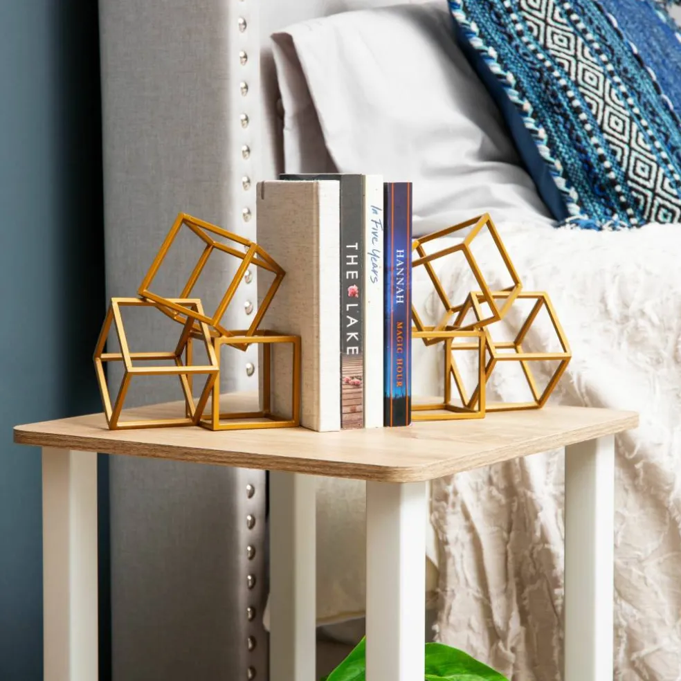 Mind Reader Decorative Geometric Cube Bookends, Modern Book Holders, Office Decor, Metal, Set of 2, Gold