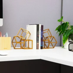 Mind Reader Decorative Geometric Cube Bookends, Modern Book Holders, Office Decor, Metal, Set of 2, Gold