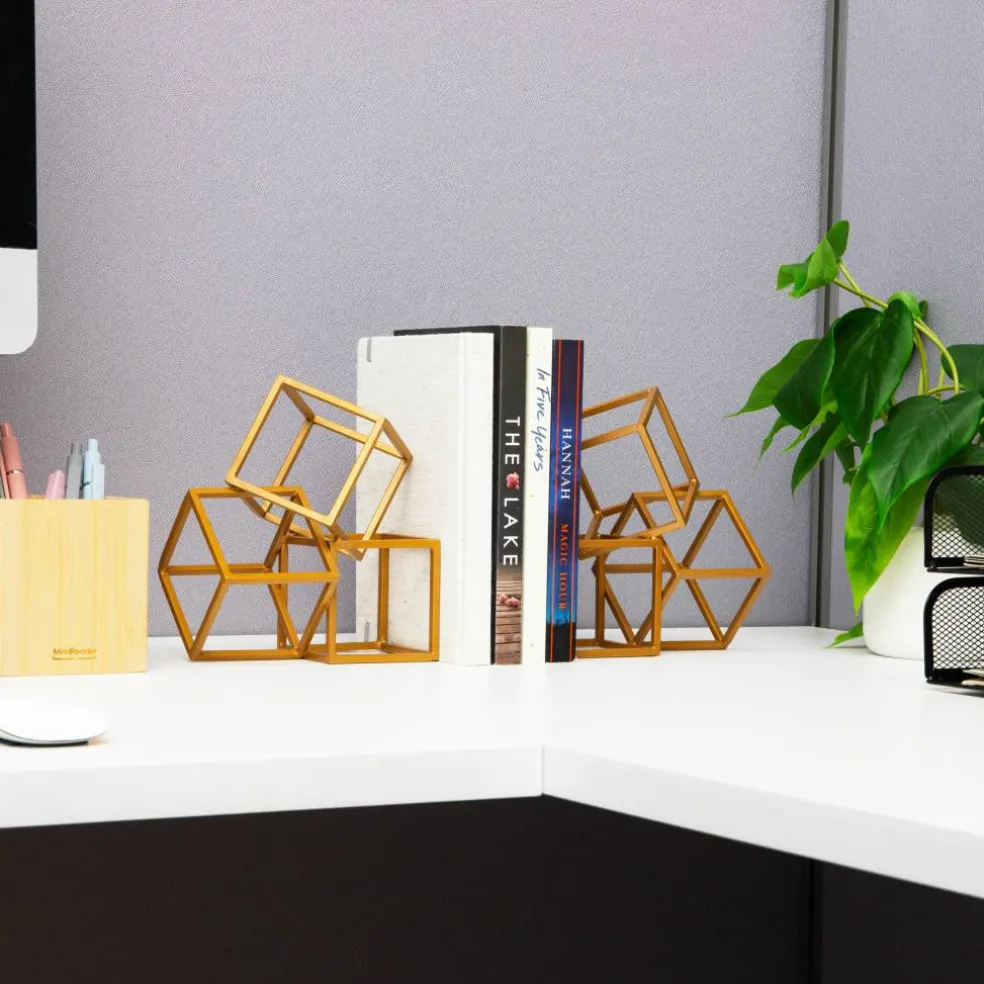 Mind Reader Decorative Geometric Cube Bookends, Modern Book Holders, Office Decor, Metal, Set of 2, Gold