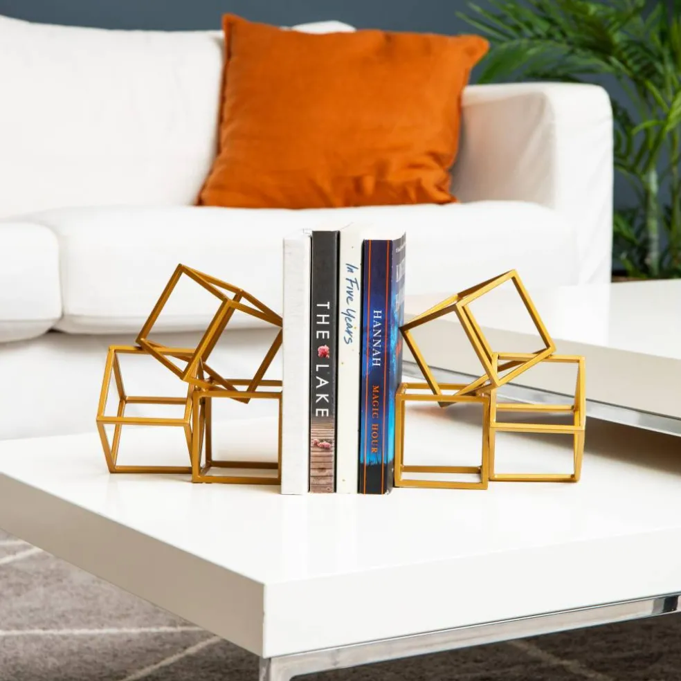 Mind Reader Decorative Geometric Cube Bookends, Modern Book Holders, Office Decor, Metal, Set of 2, Gold