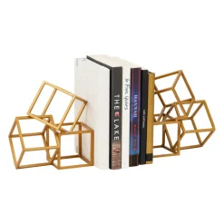 Mind Reader Decorative Geometric Cube Bookends, Modern Book Holders, Office Decor, Metal, Set of 2, Gold