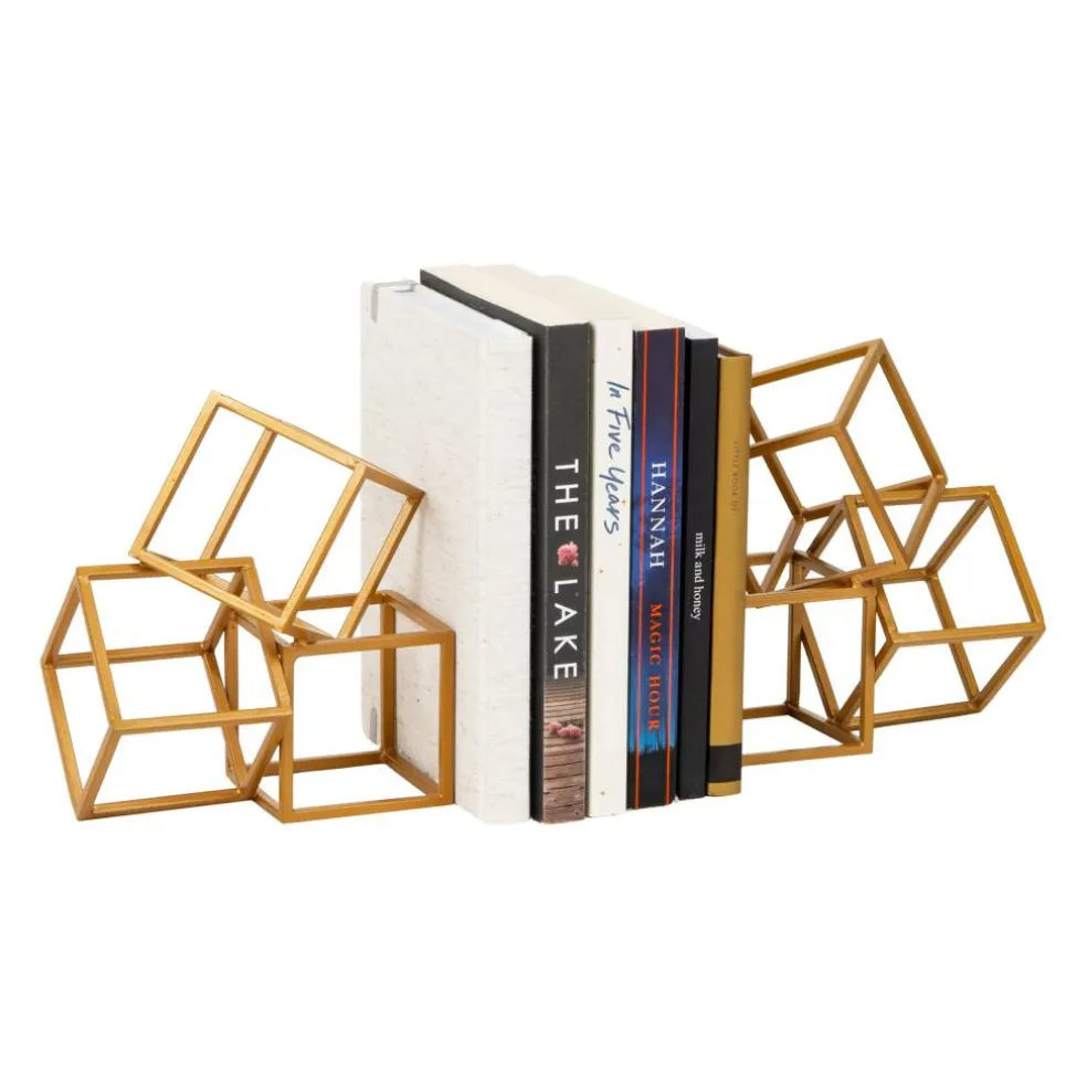 Mind Reader Decorative Geometric Cube Bookends, Modern Book Holders, Office Decor, Metal, Set of 2, Gold