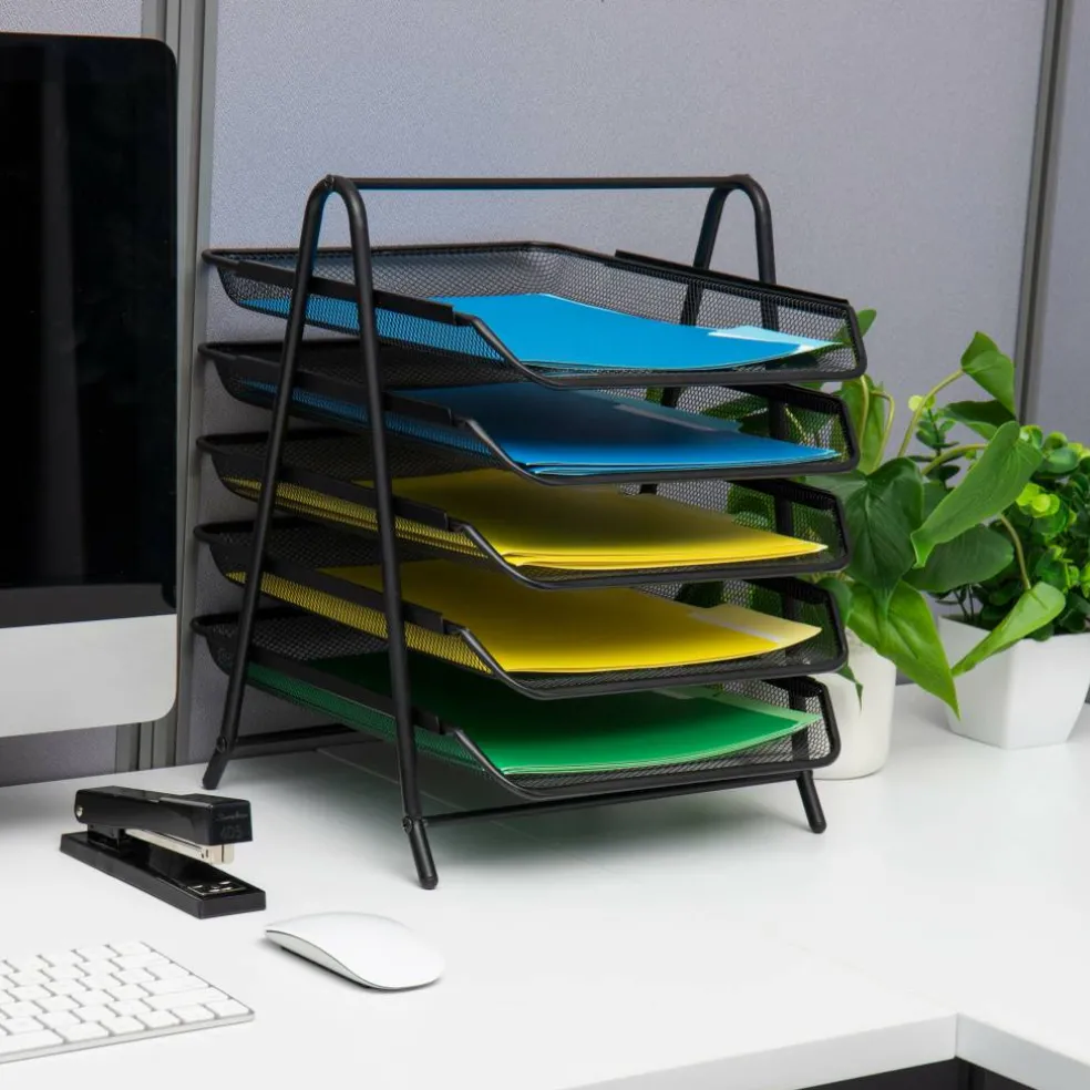 Mind Reader Network Collection Mesh Black 5-Tier Paper & File Desktop Organizer with File Folders