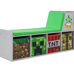 Minecraft: Storage Bench - Wooden Storage w/ Cushioned Reading Shelf, 4 Themed Storage Cubes, Seating & Organization In 1, Game Theme Décor, Licensed