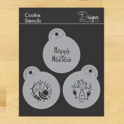 Mini Happy New Year Cookie & Cupcake Stencil Set | C799 by Designer Stencils | Cookie Decorating Tools | Baking Stencils for Royal Icing, Airbrush, Dusting Powder | Reusable Plastic Food Grade Stencil for Cookies | Easy to Use & Clean Cookie Stencil