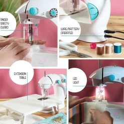 Mini Sewing Machine for Beginners, Dual Speed Small Portable Sewing Machine for Kids and Adults with Extension Table, 48 Piece Gift Set Includes, Pedal, Projects Book, Light and More, White