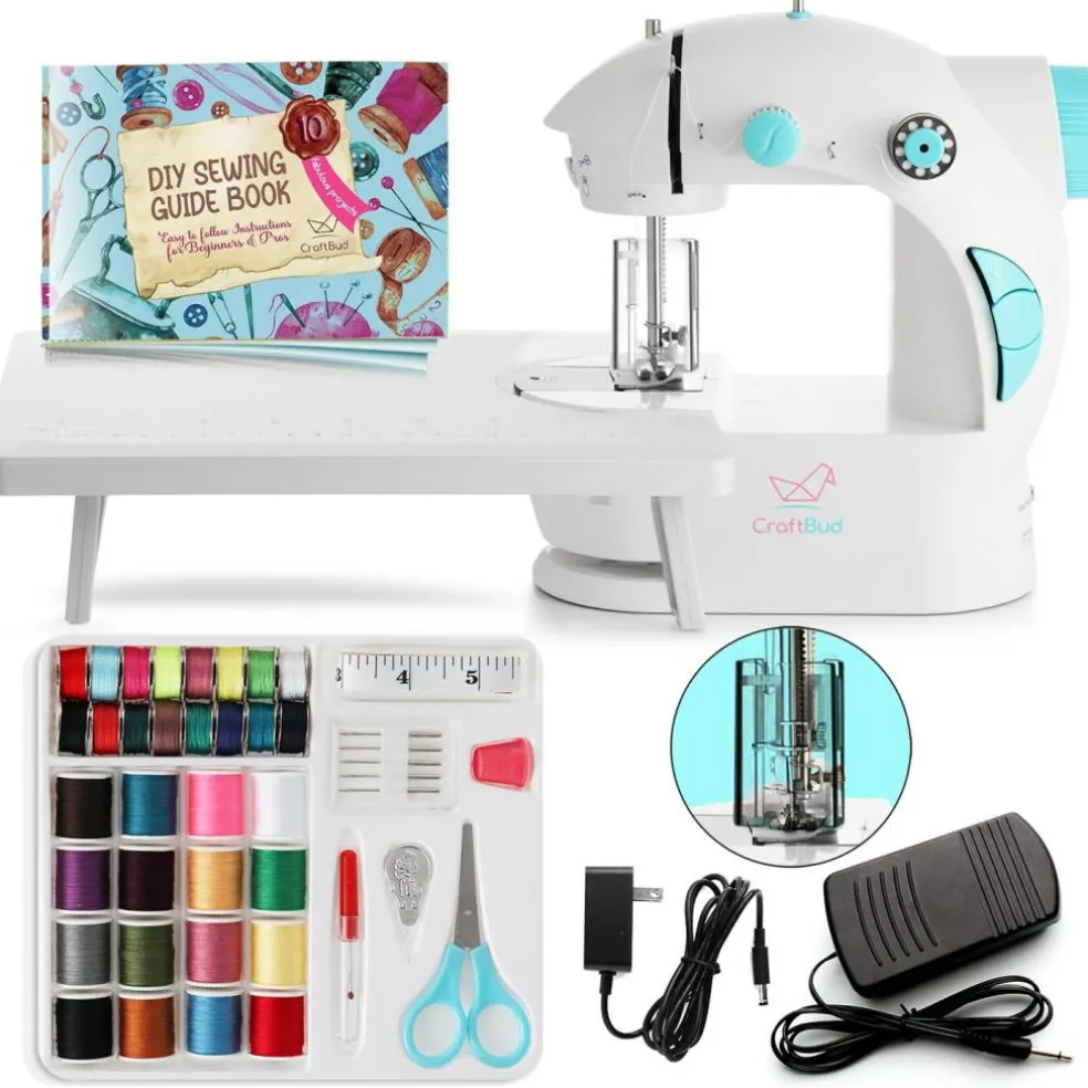 Mini Sewing Machine for Beginners, Dual Speed Small Portable Sewing Machine for Kids and Adults with Extension Table, 48 Piece Gift Set Includes, Pedal, Projects Book, Light and More, White