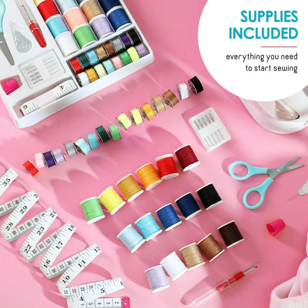 Mini Sewing Machine for Beginners, Dual Speed Small Portable Sewing Machine for Kids and Adults with Extension Table, 48 Piece Gift Set Includes, Pedal, Projects Book, Light and More, White