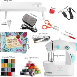 Mini Sewing Machine for Beginners, Dual Speed Small Portable Sewing Machine for Kids and Adults with Extension Table, 48 Piece Gift Set Includes, Pedal, Projects Book, Light and More, White