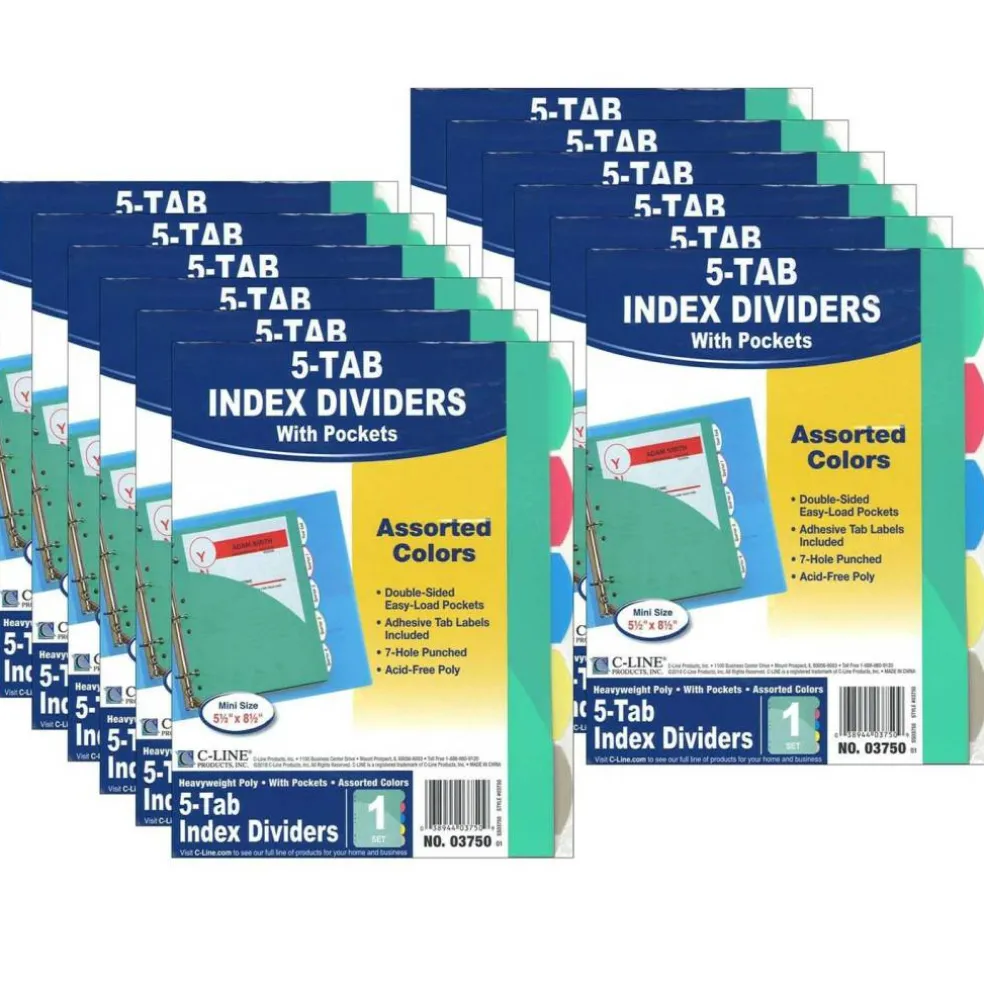 Mini Size 5-Tab Poly Index Dividers, Assorted Colors with Slant Pockets, 12 Sets