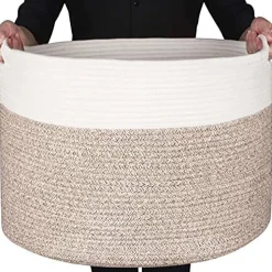 MINTWOOD Design Extra Large 22 x14 Inches Decorative Woven Cotton Rope Basket, Laundry Basket, Blanket Basket, Dog Toy Storage Baskets Bin, Laundry Hamper, Towel Basket, Light Brown