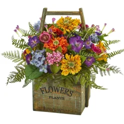 15" Mixed Floral Arrangement in Wood Basket