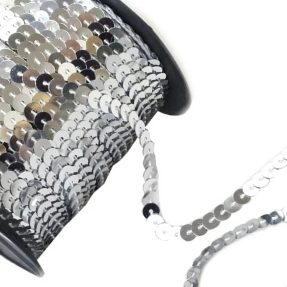 6mm x 100 Yards Silver Flat Metallic Cord Strung Sequin Trim