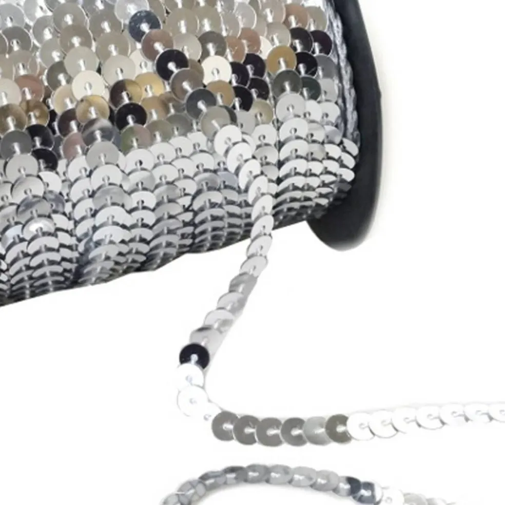 6mm x 100 Yards Silver Flat Metallic Cord Strung Sequin Trim