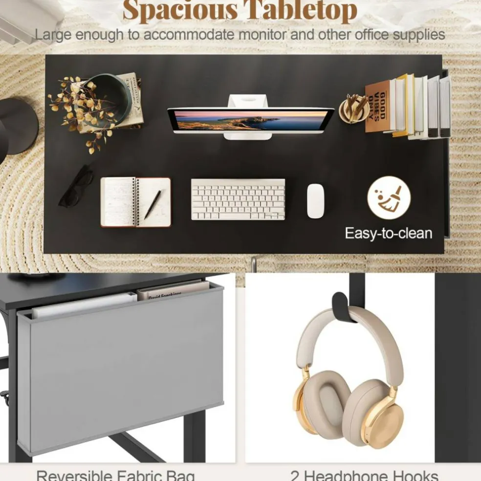 48" Mobile Computer Desk with Wheels, Home Office Workstation with Locking Casters, Reversible Storage Bag and Headphone Hooks for Bedroom